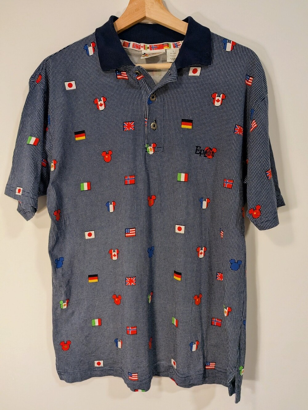 Vintage Disney Epcot World Showcase Polo - Navy Gingham - Mickey Flags